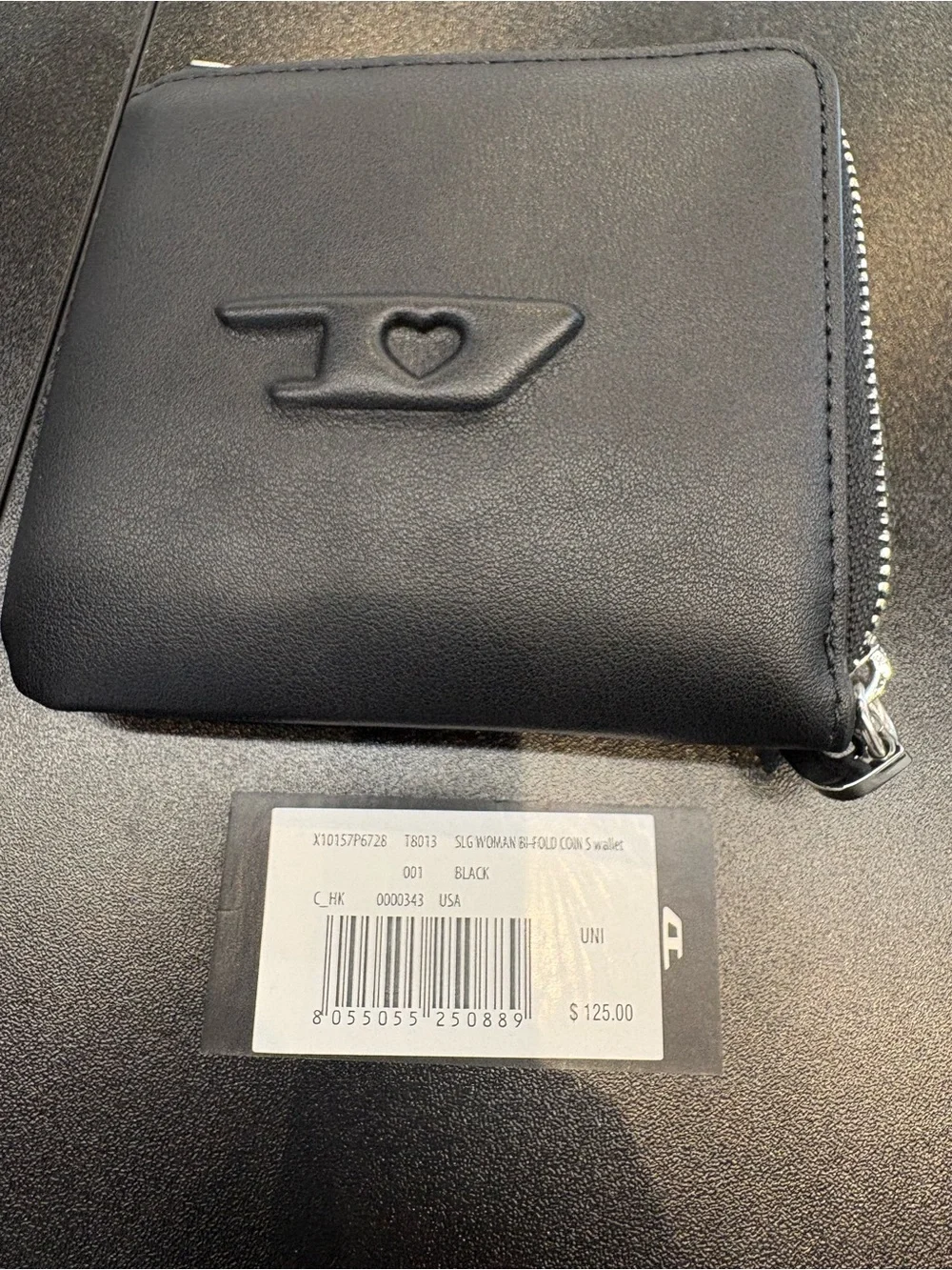 Diesel Black Leather Zip Card & Key Holder with Embossed Logo